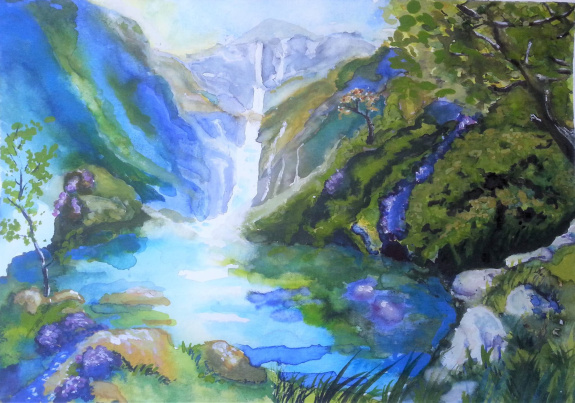 Jacsó Teodóra - A víz folyik le a hegy tetejéről és táplálja a nagyobb vizet - akvarell 24 x 32 cm