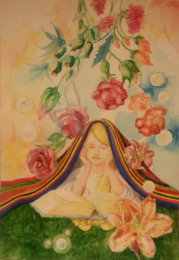 Jacsó Teodóra - A mese leple alatt kuporog egy angyal, és egy mesét marasztal - akvarell 32 x 24 cm