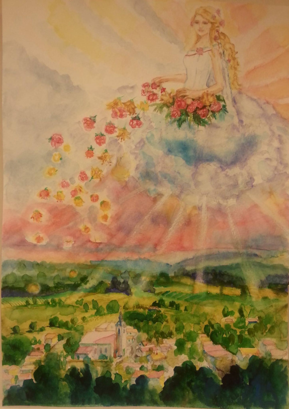 Jacsó Teodóra - Szépen permetezünk, szenteljük meg mindig ügyünk - akvarell 32 x 24