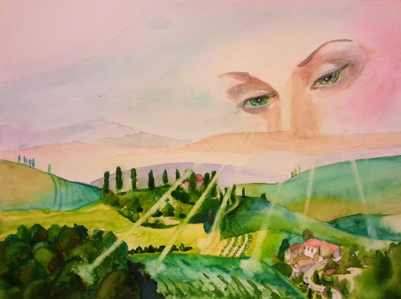 Jacsó Teodóra - Szemeid gyönyörű fénye omoljon a vidékre - akvarell 24 x 32 cm