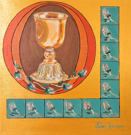 Jacsó Teodóra - Szent Grál rózsák között - akril, vászon 30 x 30 cm