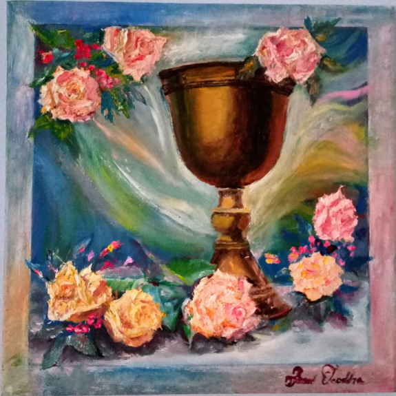Jacsó Teodóra - Grál kehely rózsákkal - olaj, vászon 30 x 30 cm